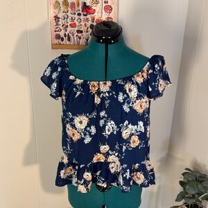 Lily White Navy Floral Off-Shoulder Blouse